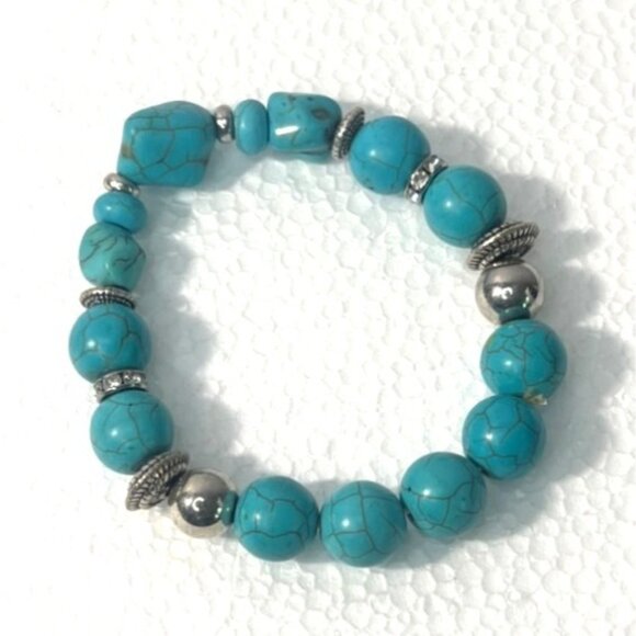 Faux Turquoise Beaded Stretch Bracelets Silver-tone, Rhinestones and Cross - Picture 4 of 6